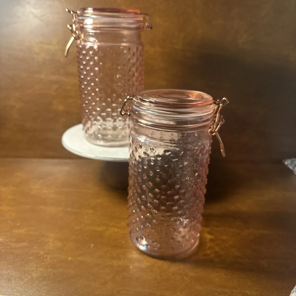 2-Hobnail Pink Glass Jar Canister Flip Top Lid 7-3/4